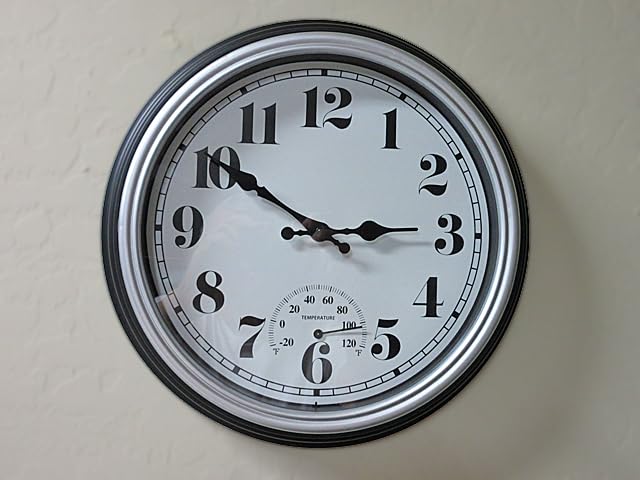 45MinST 13-Inch Vintage Outdoor Wall Clock with Thermometer and Hygrometer, Waterproof, Large Numbers, Silent, for Indoor and Outside Use,Porch,Garden,Pool(Black Frame with Silver Trim) customer photo 1