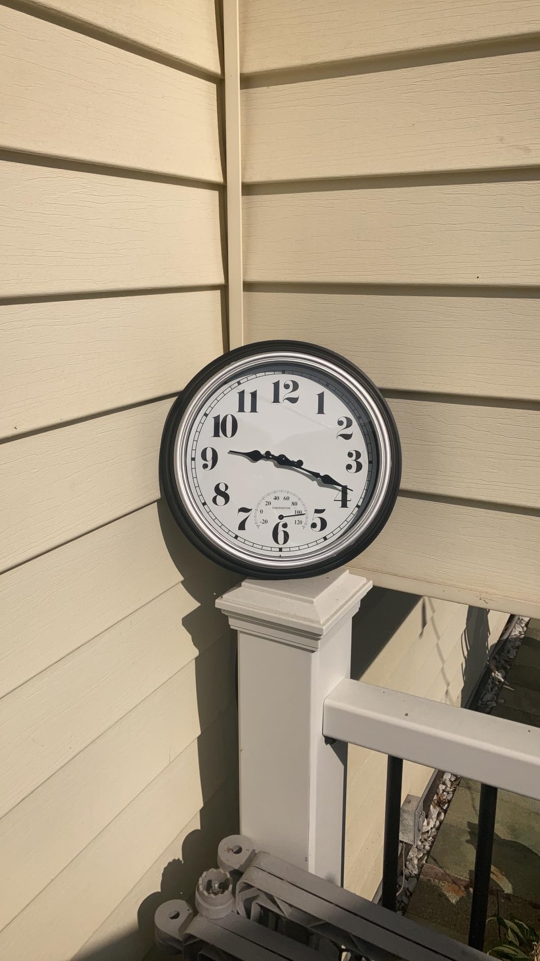 45MinST 13-Inch Vintage Outdoor Wall Clock with Thermometer and Hygrometer, Waterproof, Large Numbers, Silent, for Indoor and Outside Use,Porch,Garden,Pool(Black Frame with Silver Trim) customer photo 2