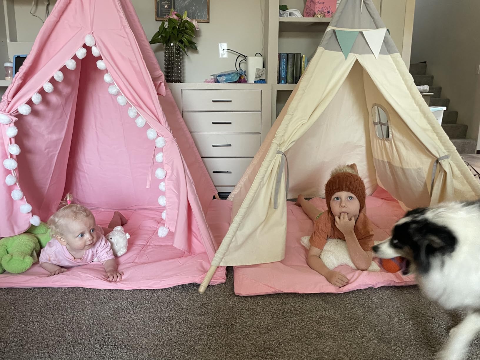 WIRHAO Teepee Tent for Kids with Mat, Cotton Canvas Kids Teepee with Pompom for Toddlers Indoor Play Tent for Girls Boys with Stars Lights, Carry Bag, Banner Flag (Khaki) customer photo 1