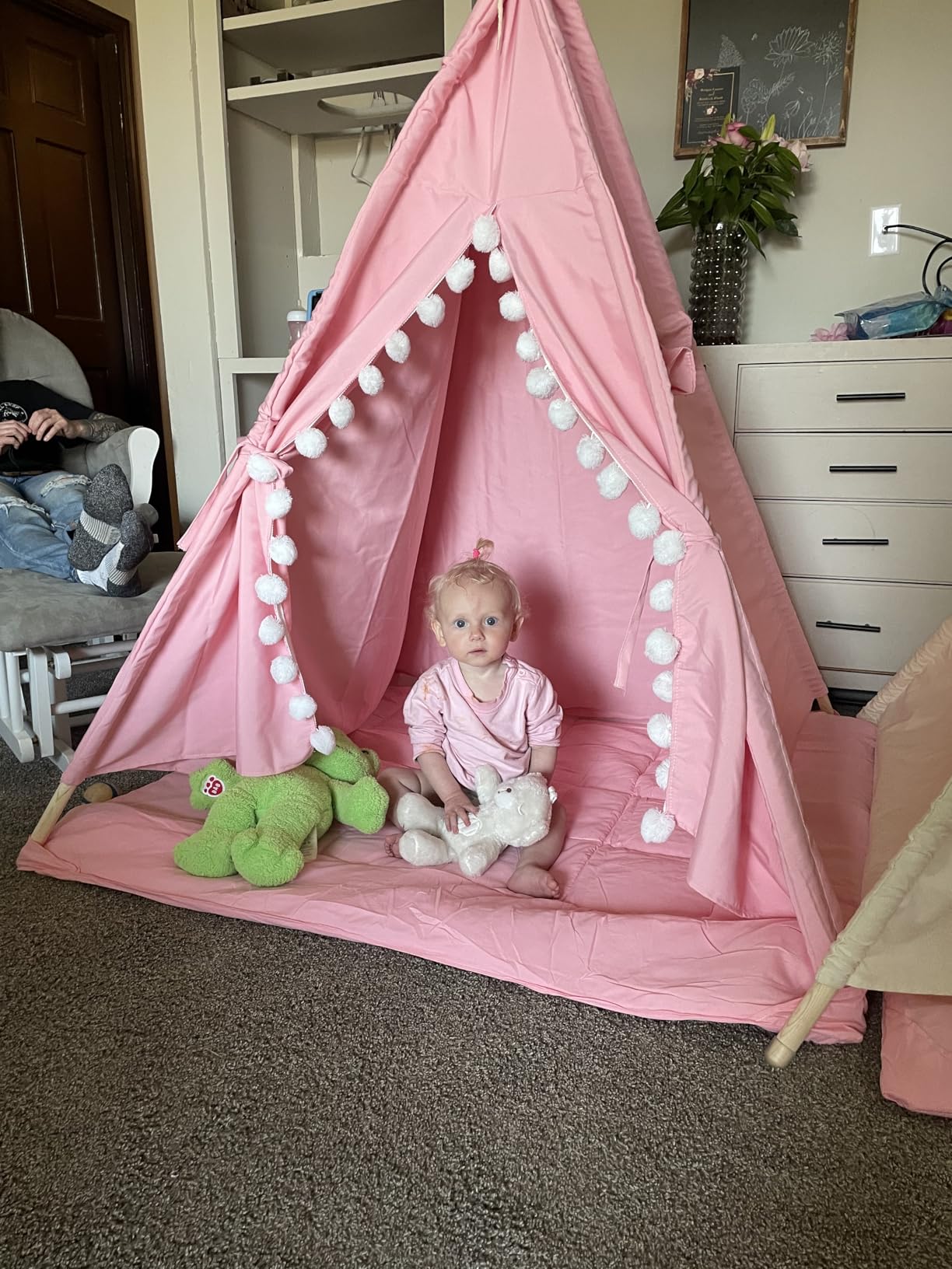 WIRHAO Teepee Tent for Kids with Mat, Cotton Canvas Kids Teepee with Pompom for Toddlers Indoor Play Tent for Girls Boys with Stars Lights, Carry Bag, Banner Flag (Khaki) customer photo 2
