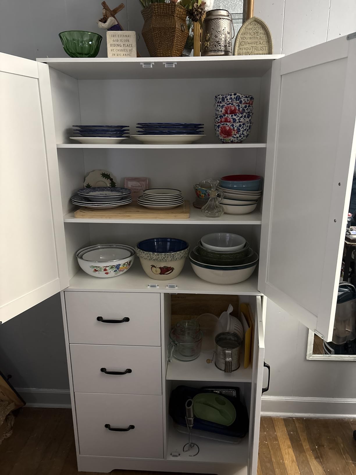 IRONCK Pantry Cabinet, Kitchen Storage Cabinet with 3 Door & Drawer, White | Adjustable Shelf. 67.5inch Tall. 5 Tier Freestanding. 150 lbs Per Shelf. Modern Style. FSC-certified Wood. Anti-tip. customer photo 1