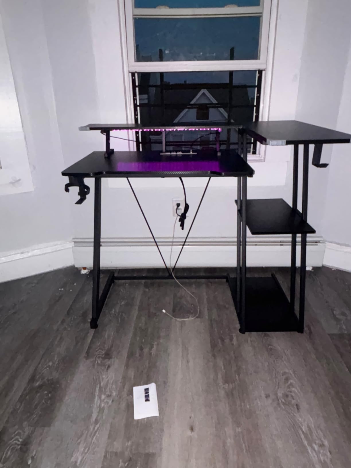 Korfile 40 Inch Gaming Desk with Power Outlet & LED Lights, L Shaped Computer Gaming Table with 3 Tiers Storage Shelves, Corner Gamer Desk with Monitor Stand for Small Space, Carbon Fiber Black | L Shaped Computer Gaming Table, Corner Gamer Table, with 3 Tiers Storage Shelves, with Moniter Stand, for Small Space customer photo 1