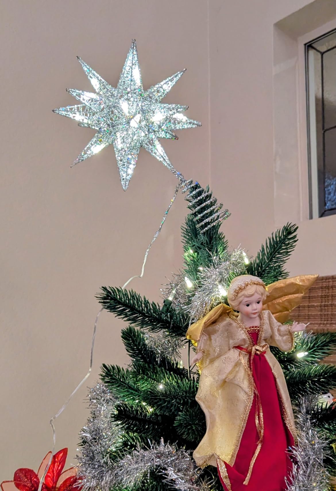 Lewondr Christmas Tree Topper Star, 13inch 10-Point Light Up Xmas Star Treetop with Plug and Remote Control for Home Christmas Decoration, 6H Timer & 8 Lighting Modes, Warm Light, Silver customer photo 2
