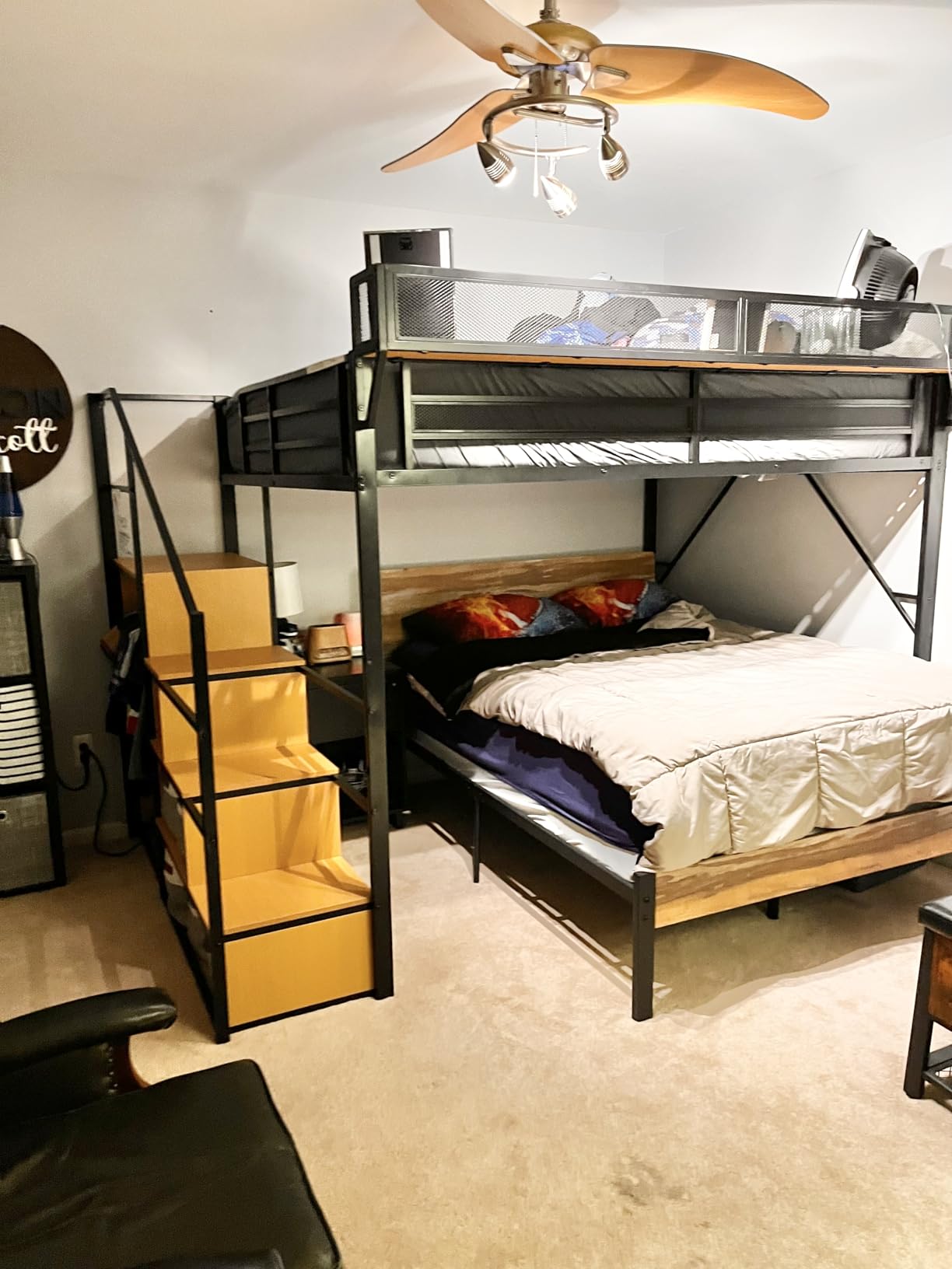 Mirightone Full Size Loft Bed with Stairs and Storage, Metal Loft Bed Frame with Bedside Shelf and Large Under-Bed Space, Heavy-Duty Loft Beds for Adults Teens and Kids, Convertible Staircase, White customer photo 2
