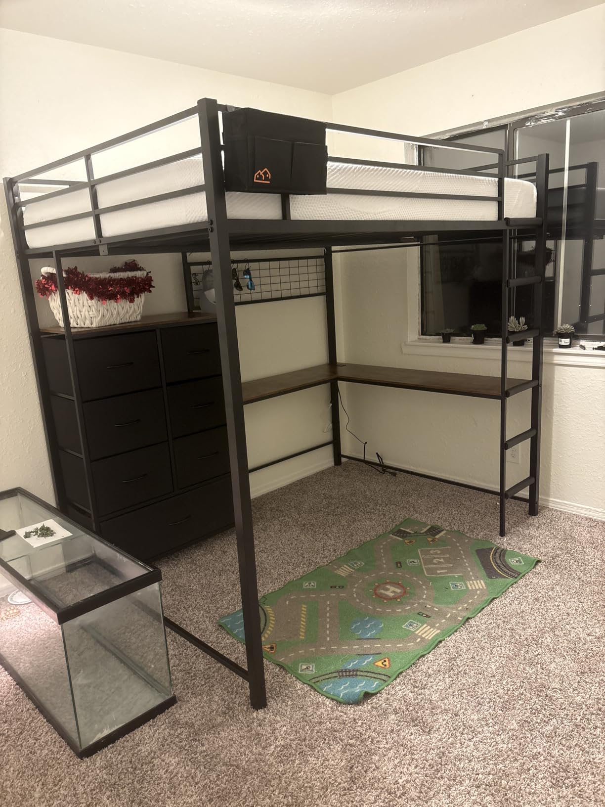DICTAC Twin Size Loft Bed with L-Shaped Desk and 7 Storage Drawers, Metal Twin Loft Bed for Kids with LED Lights and Charging Station, 13.11