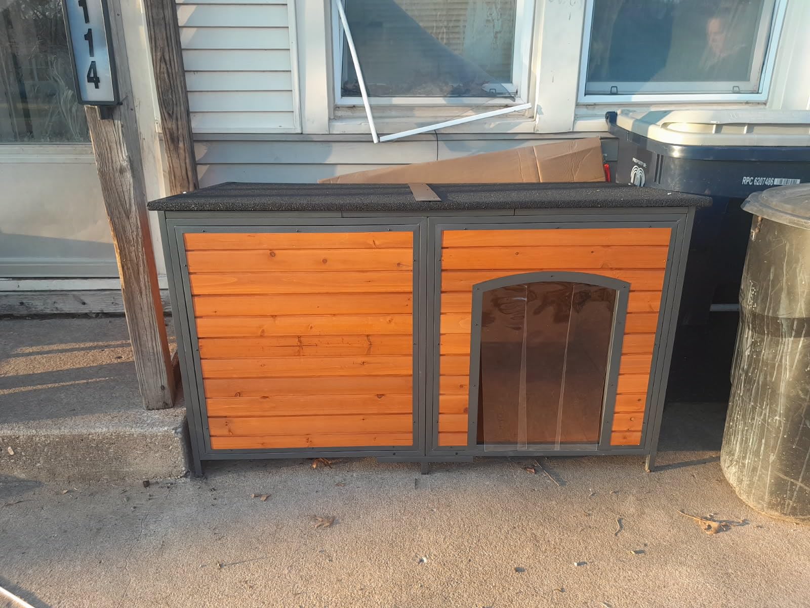 Insulated Outdoor Wooden Dog House, Weatherproof Chew Resistant Metal Frame | 6-Sided Sandwich Foam Insulation, 14.7''Wx15.2''H Door, Asphalt Hinged Roof, Removable Floor, Dog Shelter, 43.3