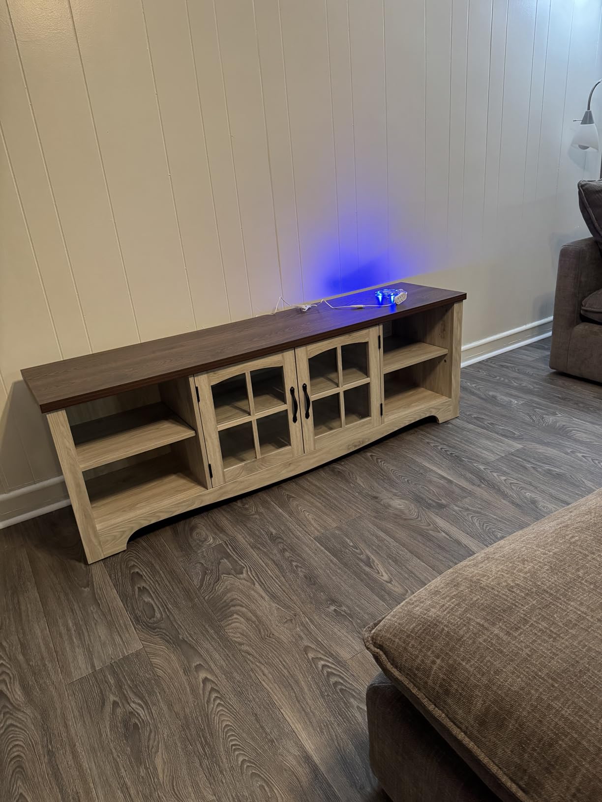 LINSY HOME TV Stand for 75 Inch TV, Modern Farmhouse Entertainment Center with Storage Cabinets and Glass Doors, Tall Media Console Table for Living Room, Bedroom, Large Long Television Stand, Brown customer photo 1