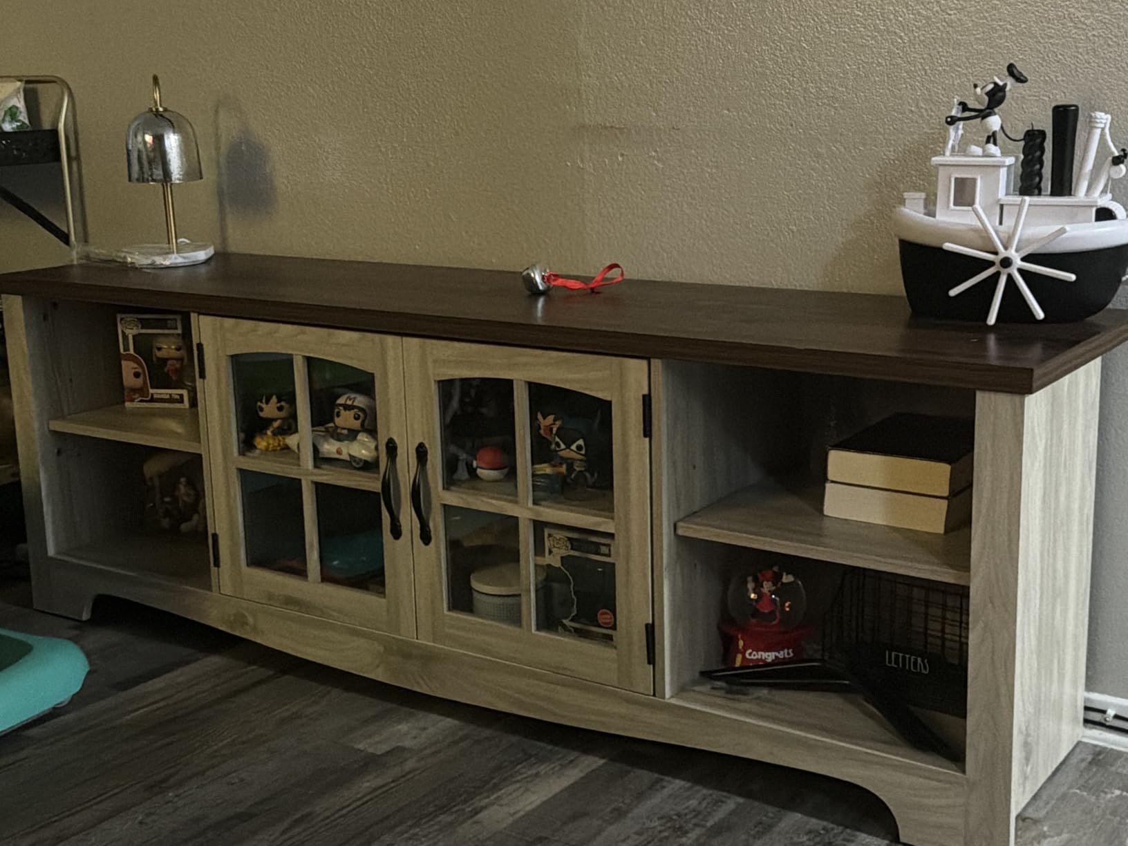 LINSY HOME TV Stand for 75 Inch TV, Modern Farmhouse Entertainment Center with Storage Cabinets and Glass Doors, Tall Media Console Table for Living Room, Bedroom, Large Long Television Stand, Brown customer photo 2