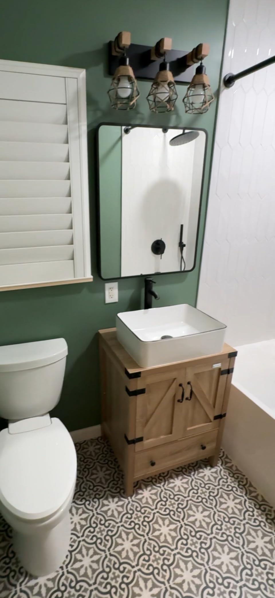 60 inch Natural Color Bathroom Vanity, Rustic Fixture Standing Pedestal Cabinet with Two White Ceramic Vessel Sinks customer photo 1