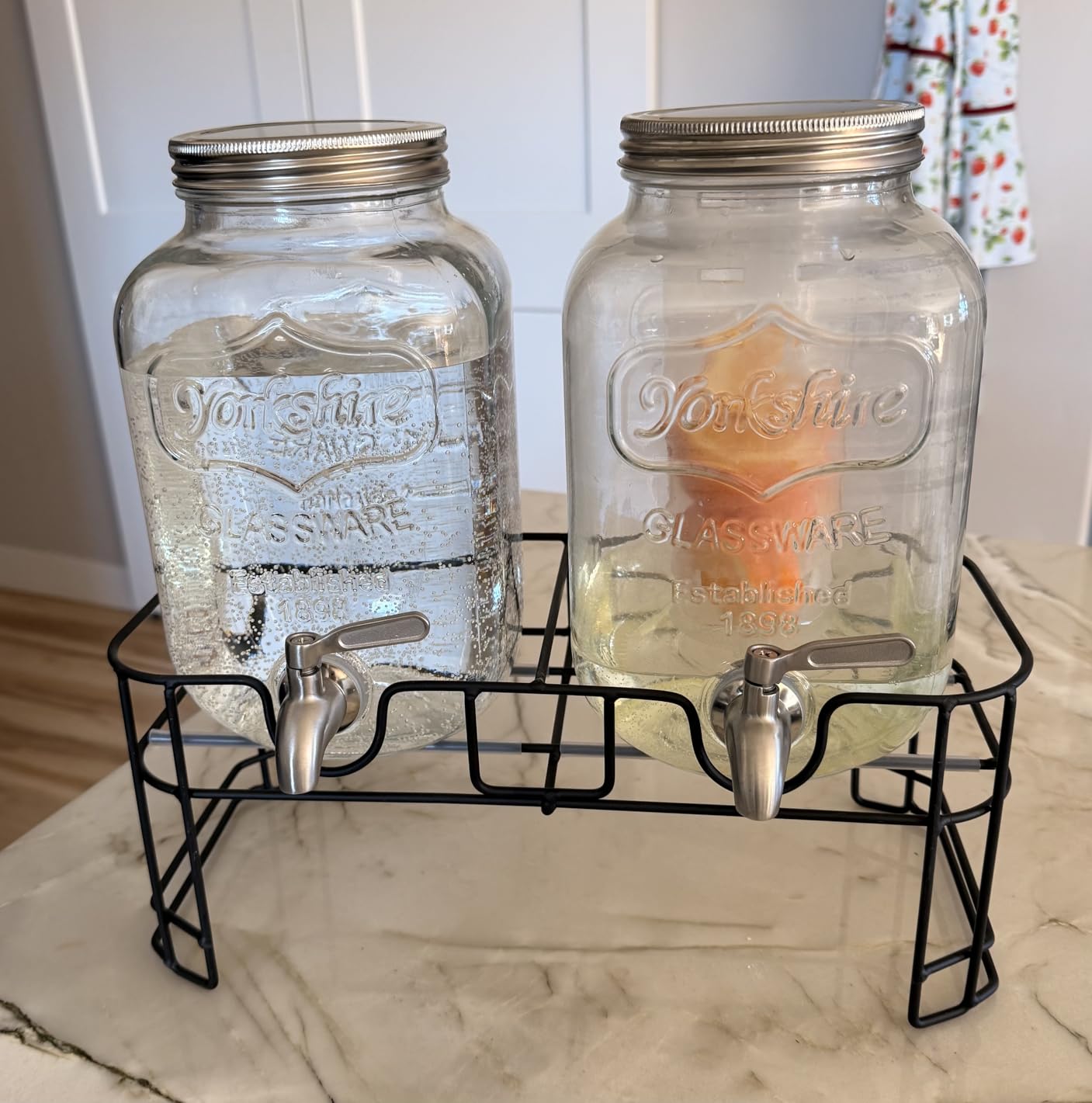 KIKCOIN 1 Gallon Glass Drink Dispensers for Parties, 2 Pack Leakproof Beverage Dispenser with Stand & 18/10 Stainless Steel Spigot & Filter -for Lemonade, Juice, Sun Tea, Punch- ALL DISHWASHER SAFE customer photo 2