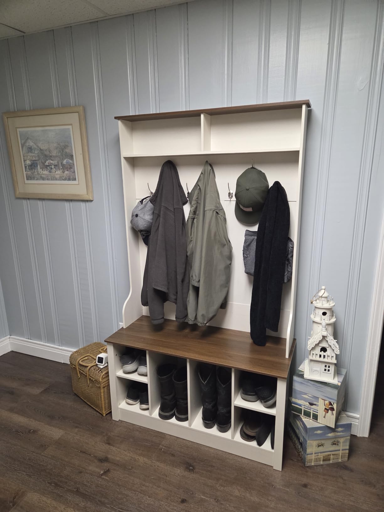 Itaar Hall Tree with Bench and Shoe Storage, 3-in-1 Entryway Bench with Coat Rack, Hall Tree with Adjustable Shoe Storage and Hanging Hooks, White and Brown (Black) customer photo 1