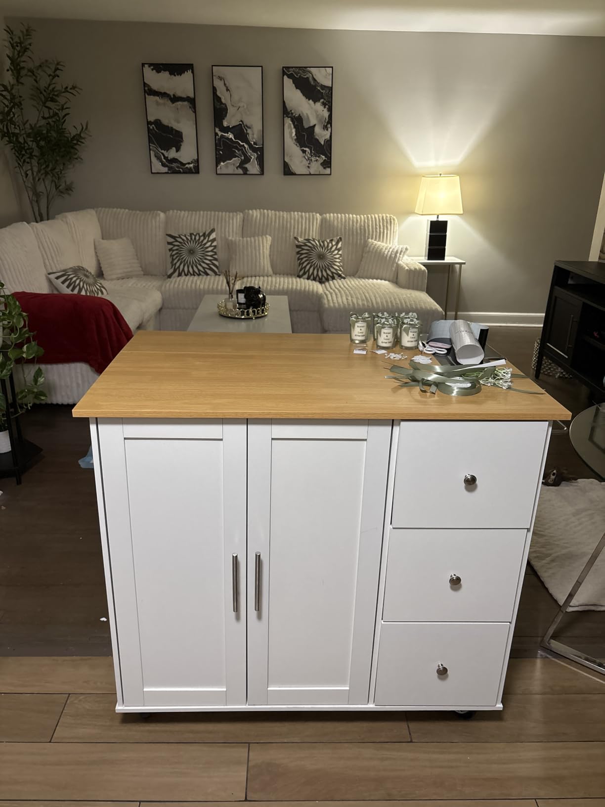 Shintenchi Kitchen Island with Folding Drop Leaf, Rolling Island Table with Storage, Kitchen Cabinet on Wheels with Seating Area for Kitchen, Bar Cart with Cabinet, White customer photo 2