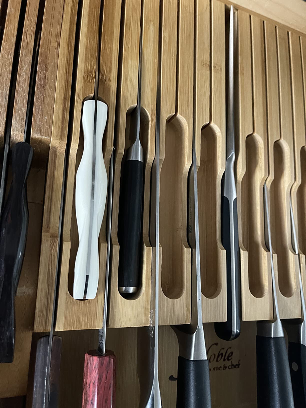 In-Drawer Bamboo Knife Block Holds 16 Knives (Not Included) Without Pointing Up PLUS a Slot for your Knife Sharpener! Noble Home & Chef Knife Organizer Made from Quality Moso Bamboo customer photo 1