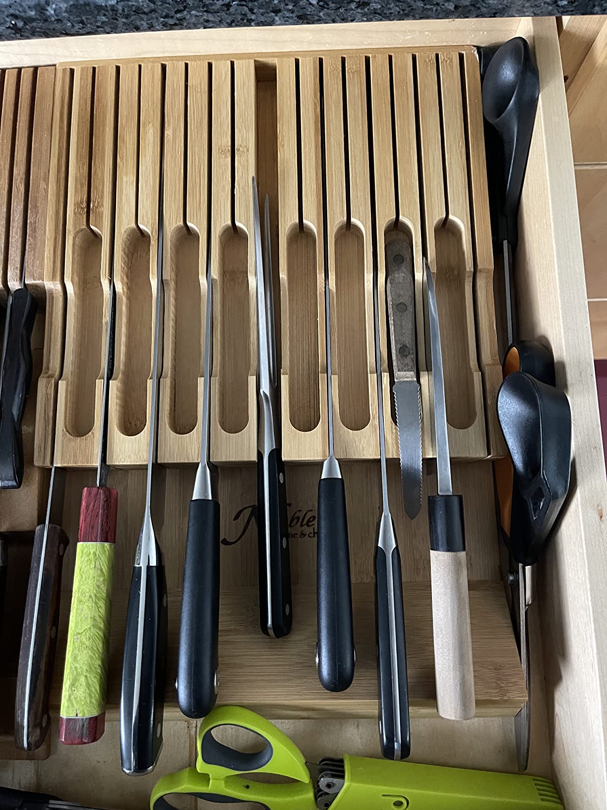 In-Drawer Bamboo Knife Block Holds 16 Knives (Not Included) Without Pointing Up PLUS a Slot for your Knife Sharpener! Noble Home & Chef Knife Organizer Made from Quality Moso Bamboo customer photo 2