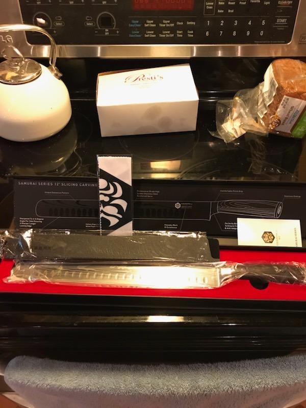KESSAKU Carving Knife - 12 inch - Samurai Series - Razor Sharp - Granton Edge - Forged 7Cr17MoV High Carbon Stainless Steel - Wood Handle with Blade Guard customer photo 2