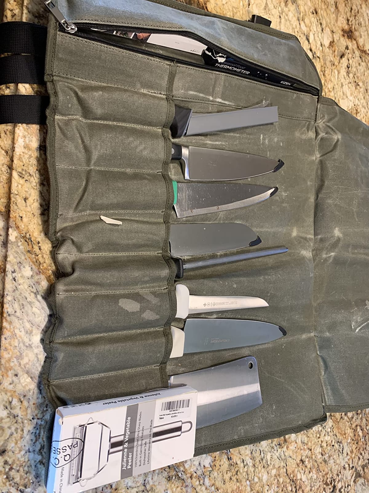 Chef’s Knife Roll Bag,Waxed Canvas Knife Cultery Carrier, Portable Chef Knife Cases,Knife Pouch Holders With 10 Slots Plus 1 Zipper Pockets Can Hold Home Kitchen Knife Tools Up To 18.8” customer photo 2