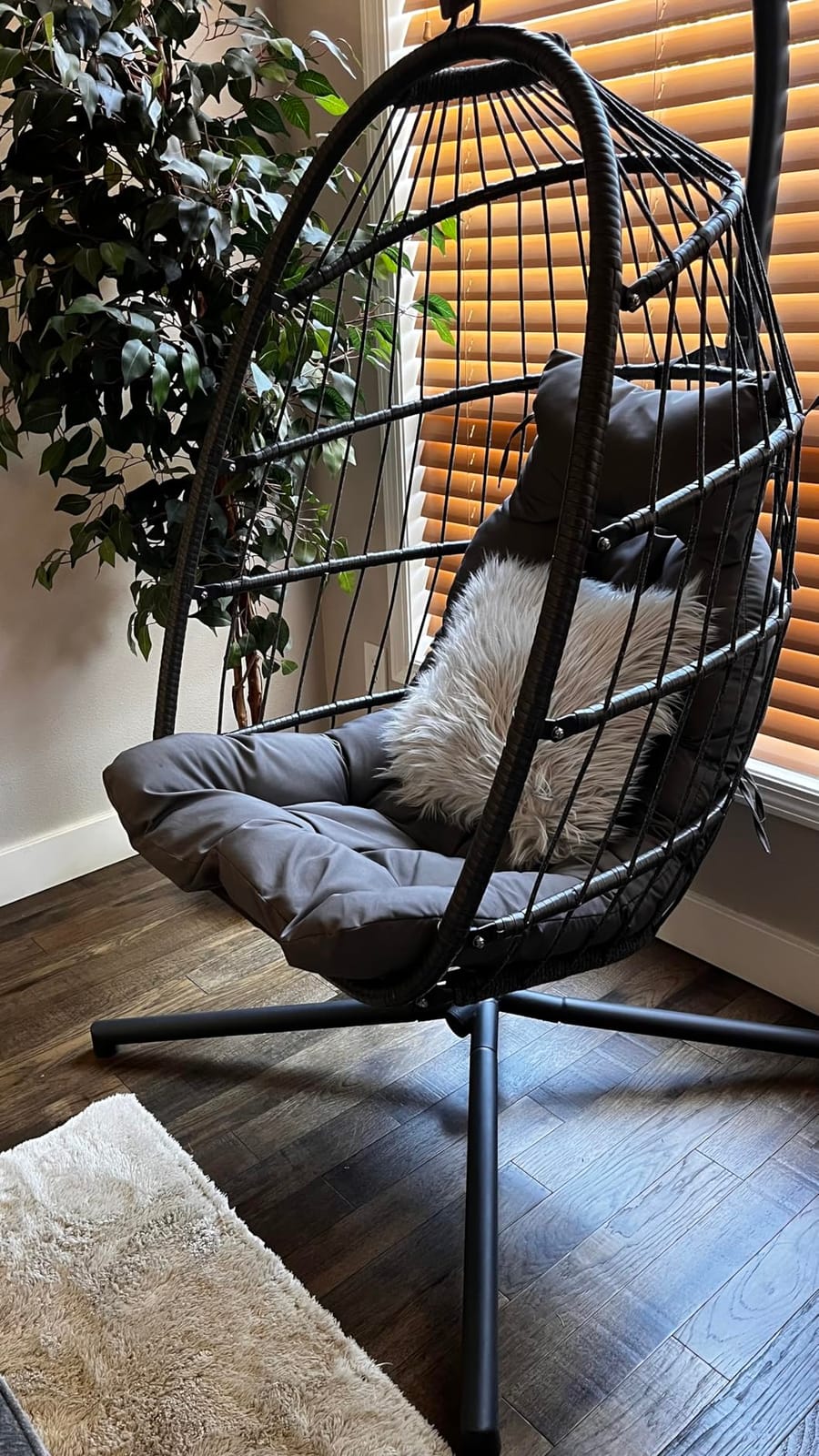 NICESOUL Swing Egg Chair Outdoor Indoor, Patio Wicker Hanging Egg Chairs with Stand, Swinging Hammock with Padded Cushions, 350lbs Sturdy Egg-Shaped Seating for Porch Bedroom Balcony Xmas Gift, Grey customer photo 1