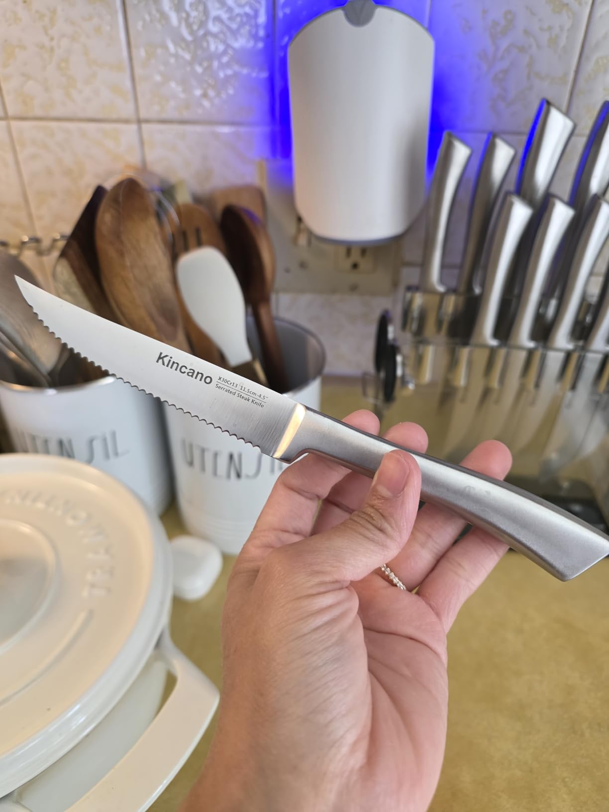 Knife Set, 14 PCS High Carbon Stainless Steel Super Sharp Kitchen Knife Set for Chef with Acrylic Stand, include Steak Knives, Sharpener and Scissors, Ergonomical Design by kincano customer photo 1