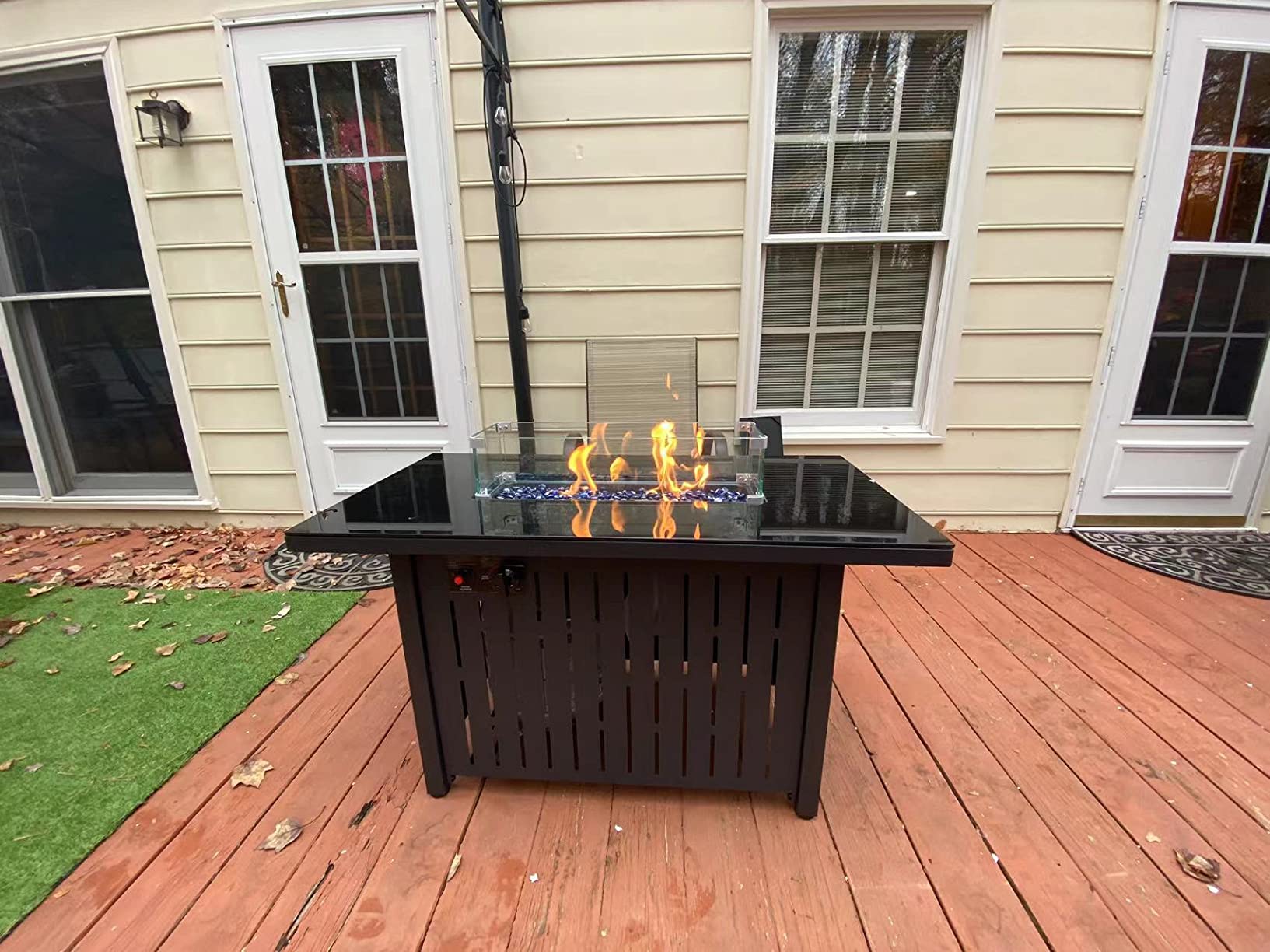 Lausaint Home Propane Fire Pit Table 43 Inch with Lid, 60,000 BTU Gas Fire Pits for Outside Patio with Glass Wind Guard, Dark Black customer photo 1