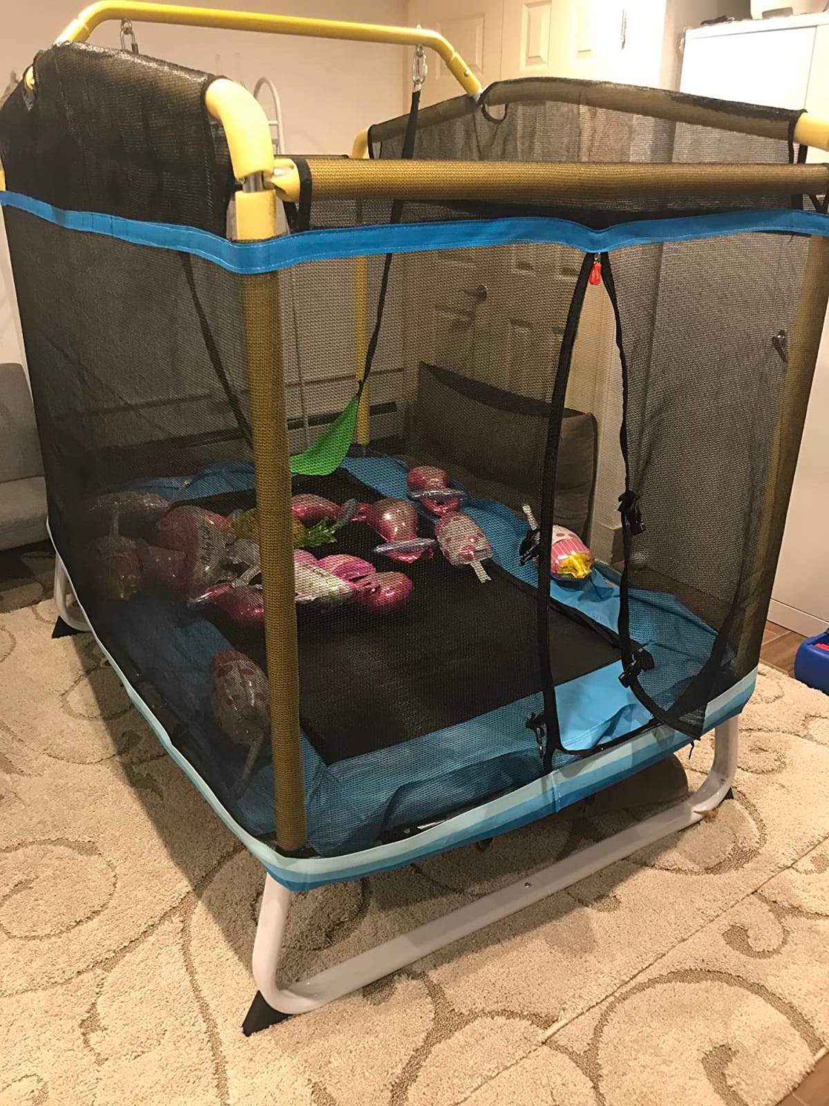 GYMAX Trampoline for Kids, 75” ASTM Approved Recreational Trampolines with Swing, Horizontal Bar & Enclosure Net, Mini Rectangle Trampoline for Baby Toddlers Indoor/Outdoor customer photo 2