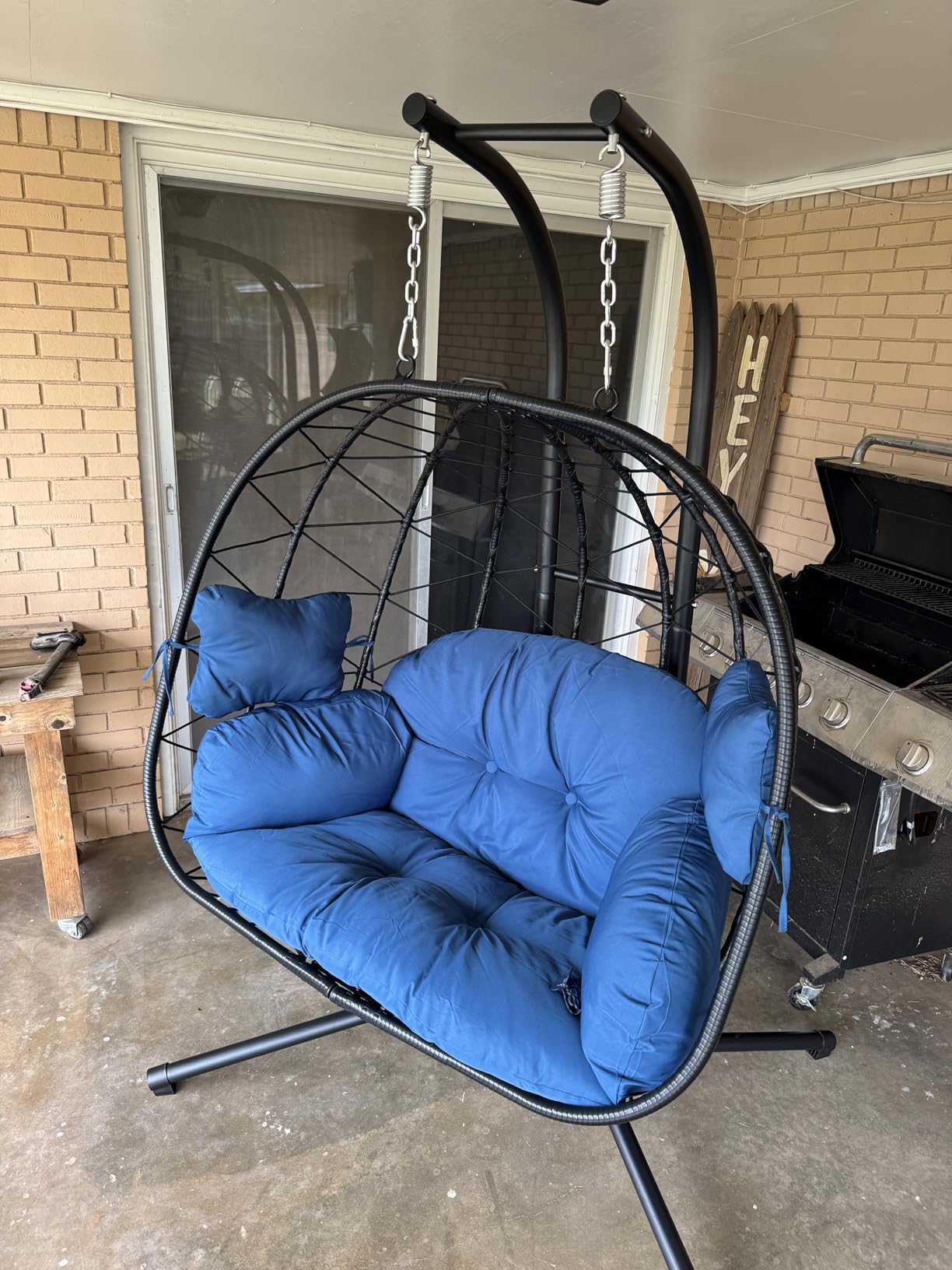 Double Egg Chair with Stand Hammock Swing Chair Foldable Hanging Loveseat, UV Resistant Removable Cushions, 700LBS Capacity for Bedroom, Balcony, Garden(BK-GR) customer photo 1