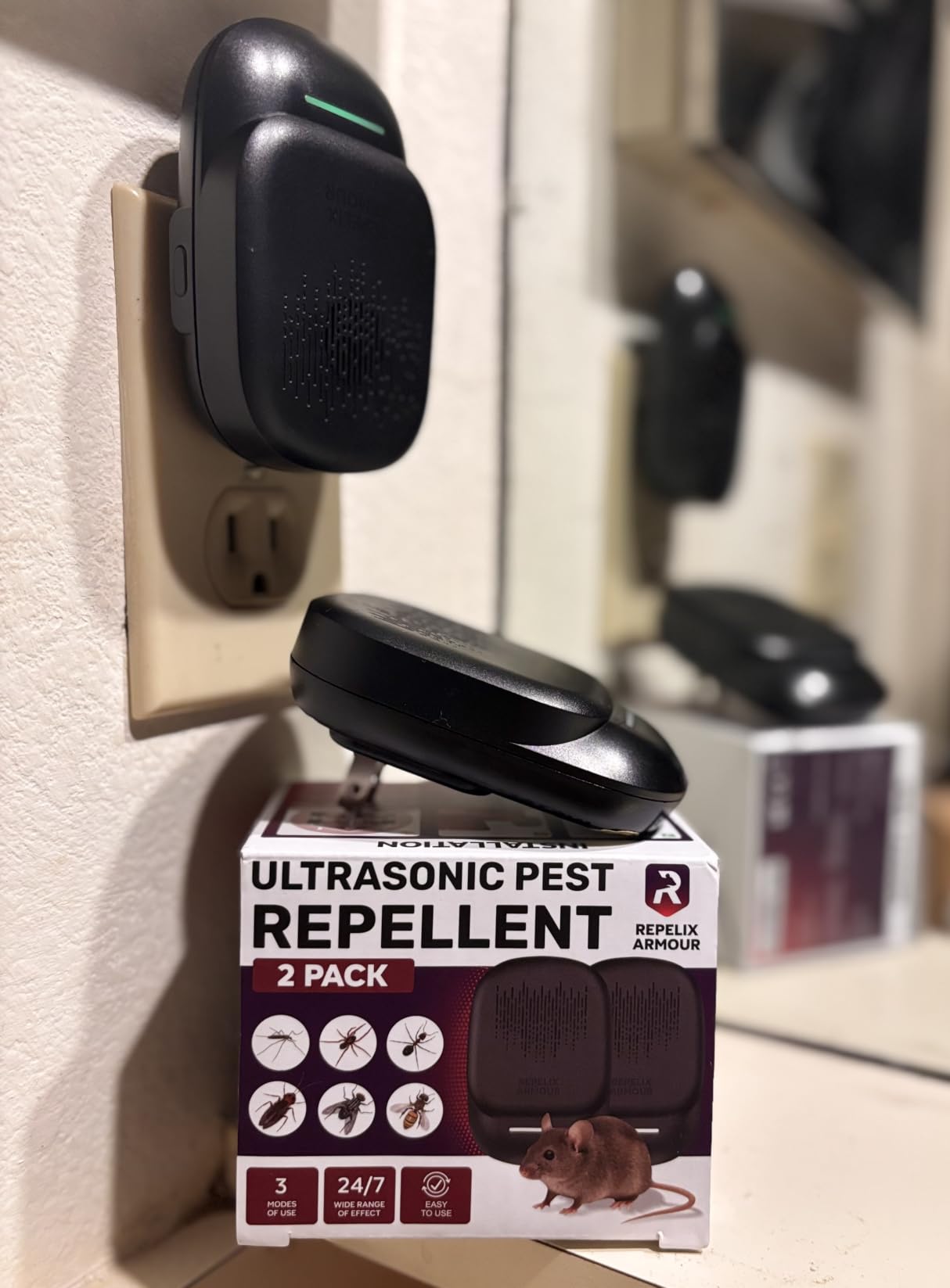 Ultrasonic Pest Repeller for Indoor Use - 2 Pack - Covers Up to 1,500 sq ft per Device - 3 Modes Mouse Repellent - Rodent Repellent – Helps Repel Rats, Spiders, Mosquitoes, Ants & Household Insects customer photo 2