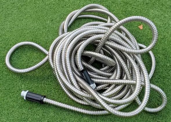 Metal Garden Hose Water Hose 100ft Heavy Duty Stainless Steel Water Pipe with Sprayer & Nozzle Flexible Lightweight Hose No Kink Pet Proof Hose for Yard, Outdoors, Rv customer photo 1